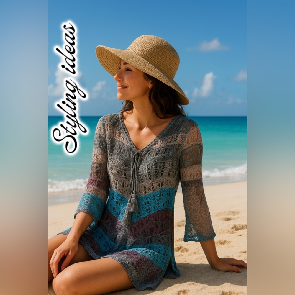 Soft Surroundings M Crochet Multicolor Tunic Dress Long Sleeves & Tassel Accents